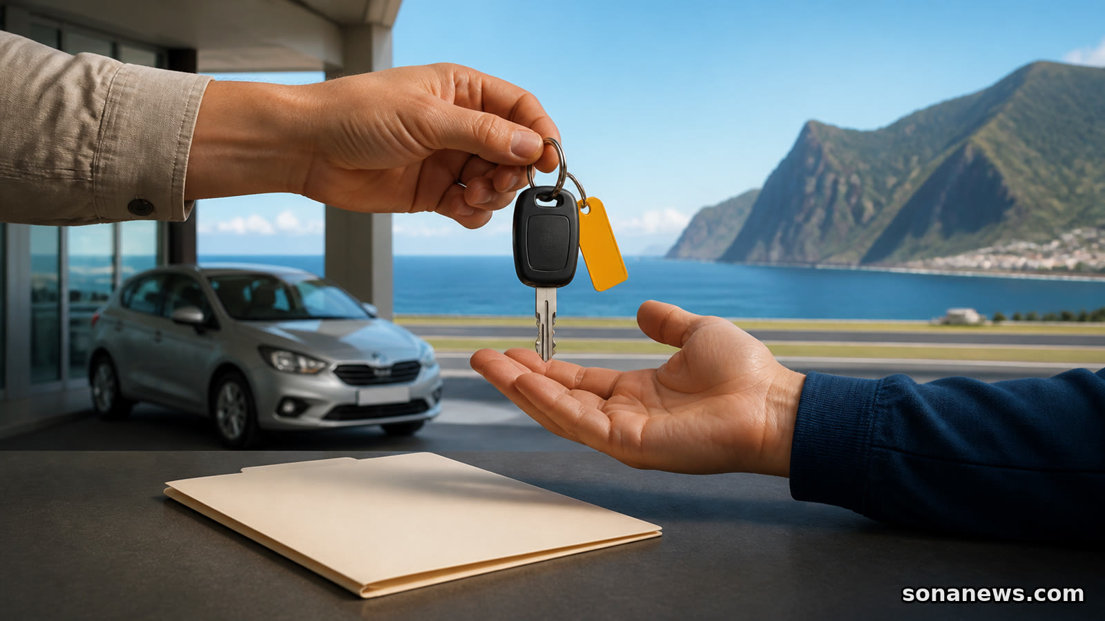 Duas mãos suspendem a entrega conceptual de uma chave de rent-a-car, com carro, mar e relevo insular ao fundo.