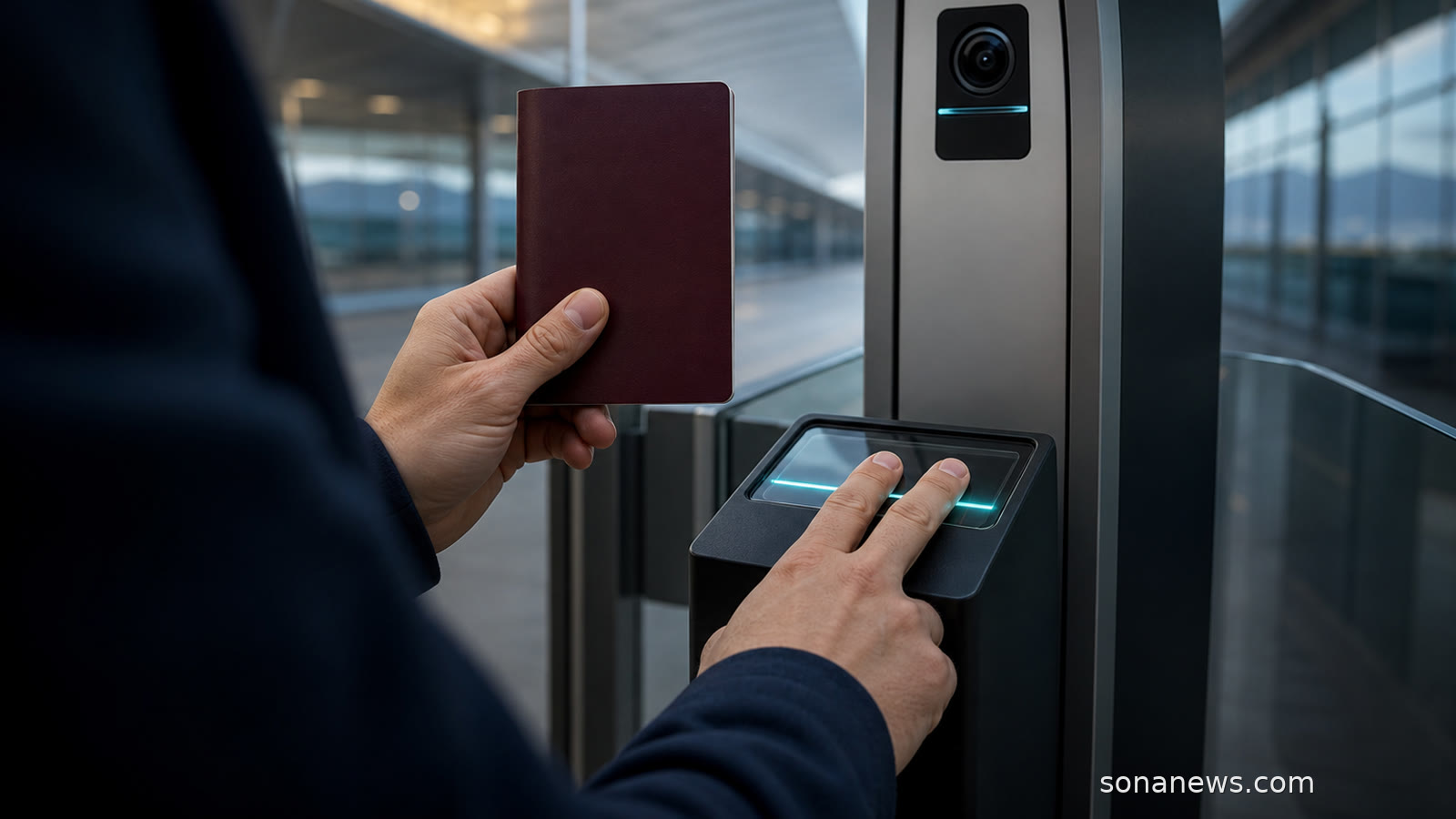 Viajante segura passaporte e coloca os dedos num leitor biométrico do controlo fronteiriço europeu.