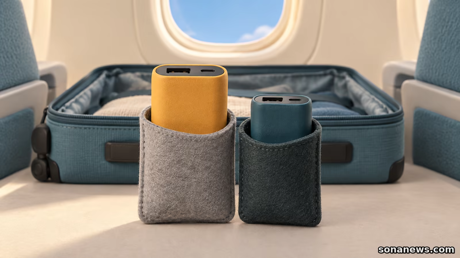Dois power banks em bolsas individuais fora de uma mala aberta, diante de uma janela de avião numa ilustração conceptual.