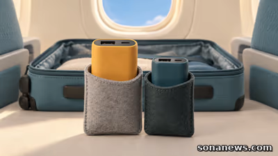 Dois power banks em bolsas individuais fora de uma mala aberta, diante de uma janela de avião numa ilustração conceptual.