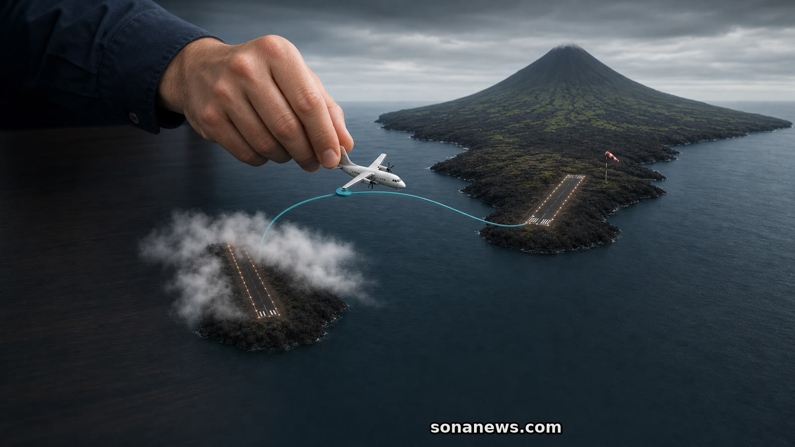 Maquete de rota aérea entre uma pista com nevoeiro e o aeroporto do Pico, nos Açores.