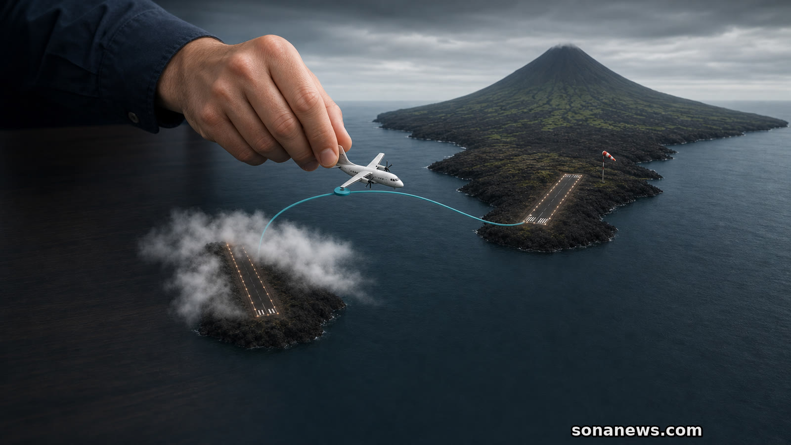 Maquete de rota aérea entre uma pista com nevoeiro e o aeroporto do Pico, nos Açores.