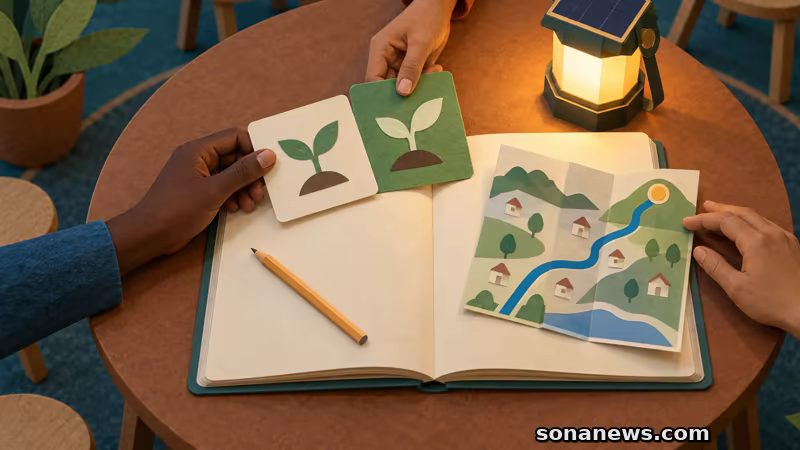 ثلاثة أيدٍ ترتّب بطاقات لغتين وخريطة طريق ومصباحًا شمسيًا فوق دفتر مفتوح لتلخيص دروس جوائز محو الأمية 2026