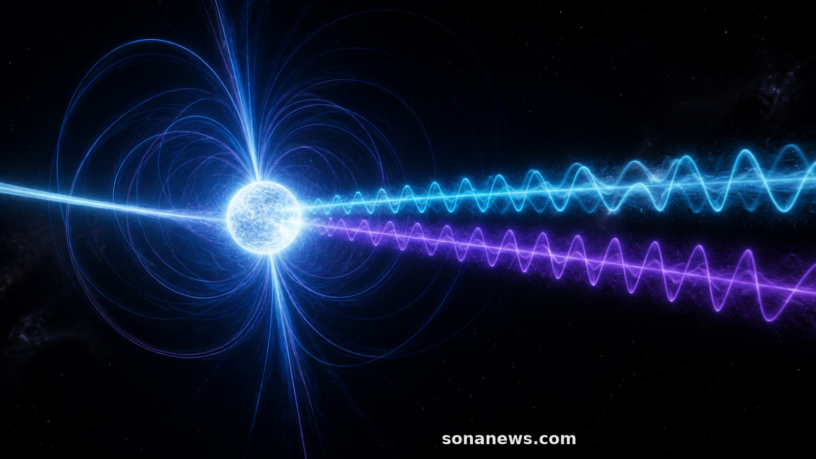 رسم توضيحي لنجم نيوتروني تحيط به خطوط مجال مغناطيسي وتغادر قربه موجتان ضوئيتان سماوية وبنفسجية ترمزان إلى نمطي استقطاب مختلفين