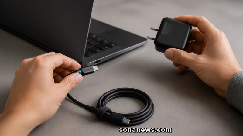 يد توصل كابل USB-C بلابتوب بينما تفحص اليد الأخرى شاحنًا منفصلًا