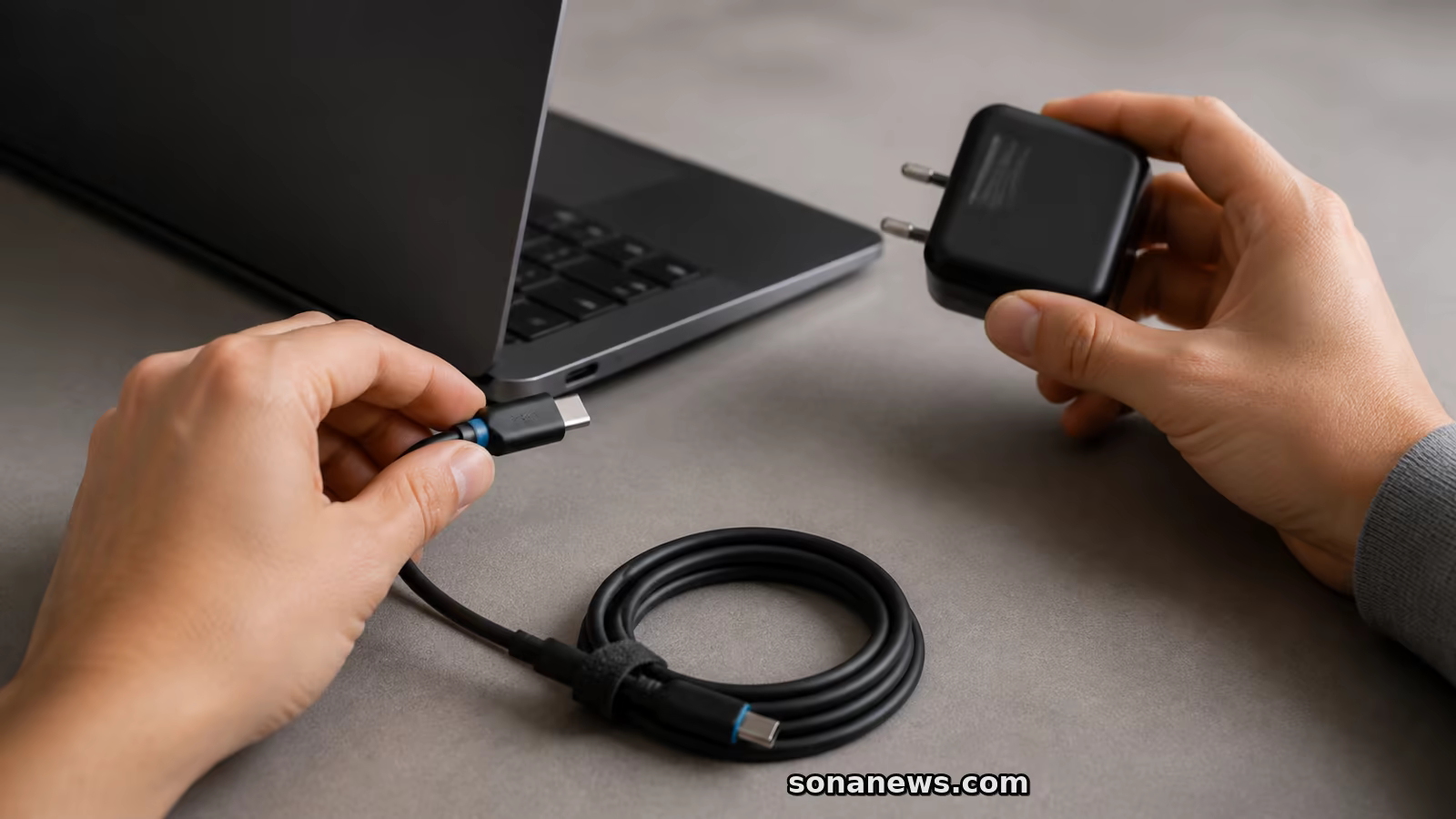 يد توصل كابل USB-C بلابتوب بينما تفحص اليد الأخرى شاحنًا منفصلًا