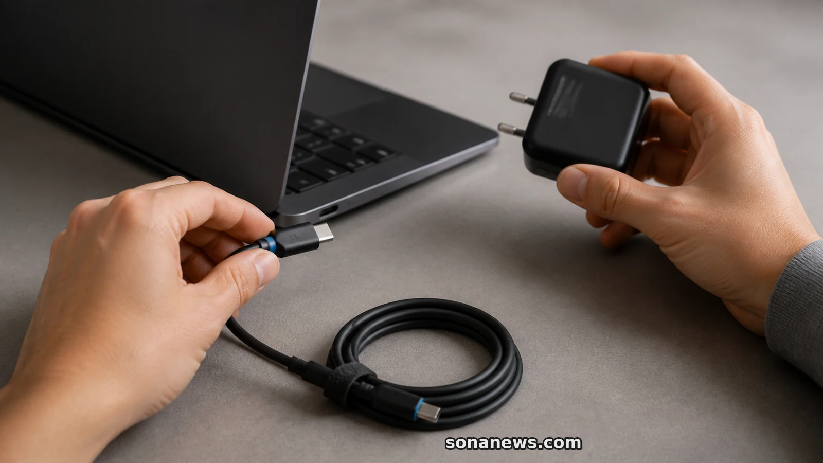 يد توصل كابل USB-C بلابتوب بينما تفحص اليد الأخرى شاحنًا منفصلًا