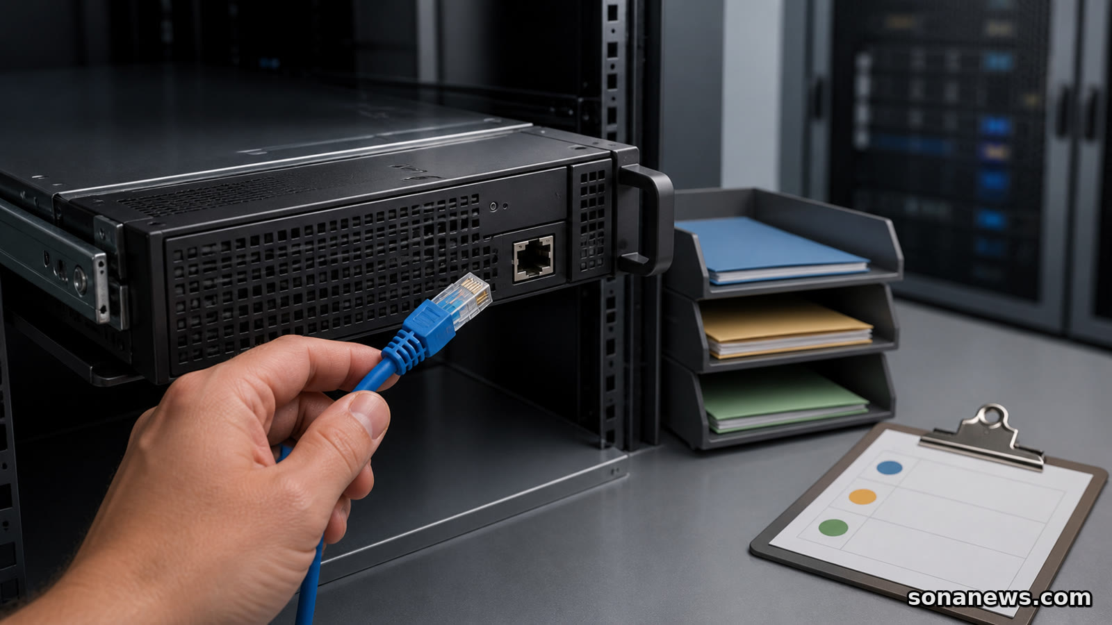 يد تحمل كابل شبكة قبل إعادة وصله بخادم SharePoint محلي بجانب ملفات وبطاقة صيانة