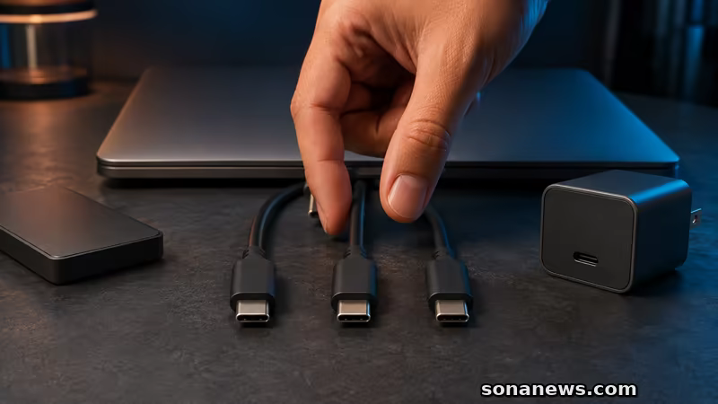 يد تقارن ثلاثة كابلات USB-C متشابهة أمام حاسوب محمول وشاحن ووحدة تخزين خارجية بلا شعارات.