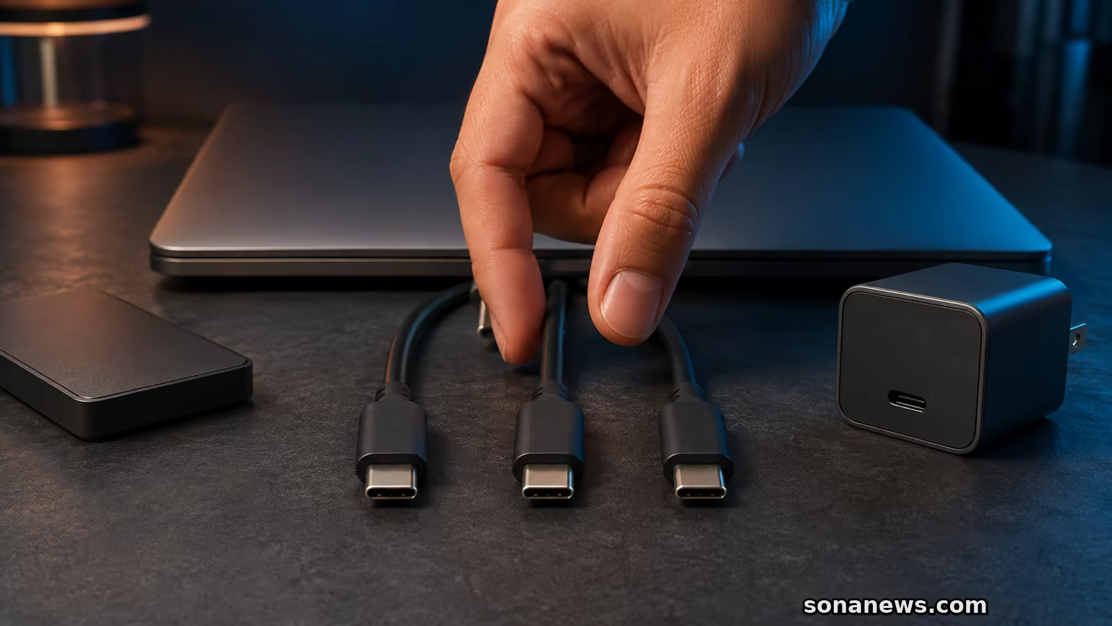 يد تقارن ثلاثة كابلات USB-C متشابهة أمام حاسوب محمول وشاحن ووحدة تخزين خارجية بلا شعارات.