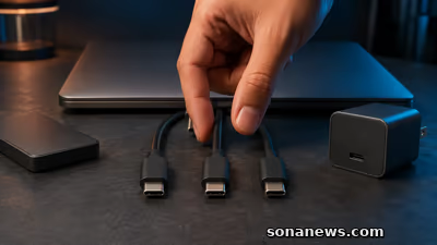 يد تقارن ثلاثة كابلات USB-C متشابهة أمام حاسوب محمول وشاحن ووحدة تخزين خارجية بلا شعارات.