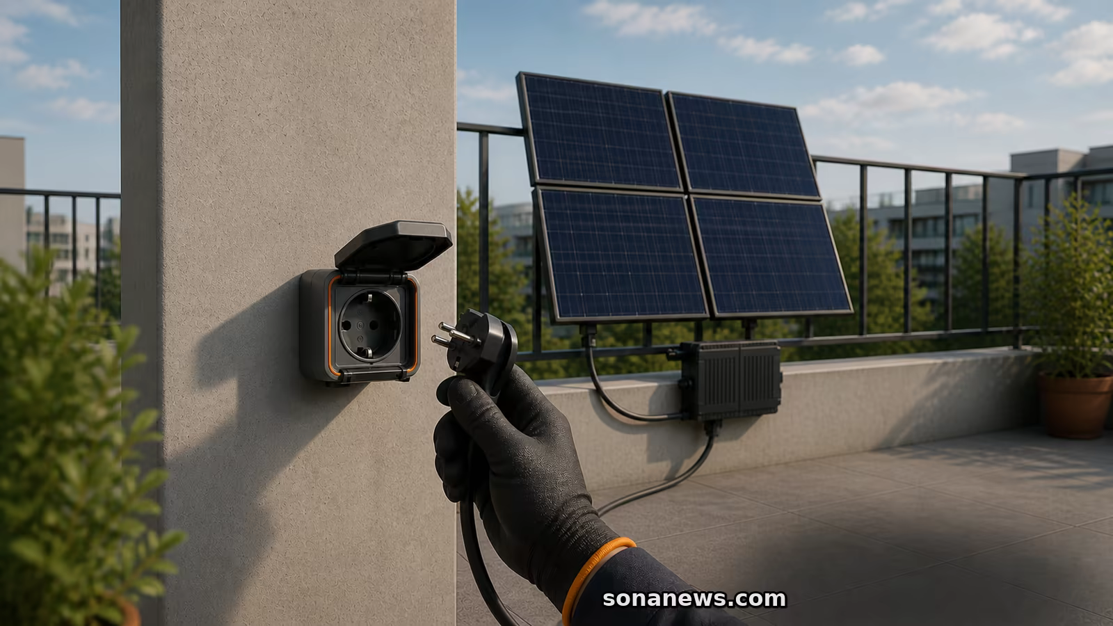 Behandschuhte Hand prüft den Schutzkontaktstecker eines Balkonkraftwerks vor einer Balkonsteckdose; Solarmodule und Wechselrichter stehen dahinter.