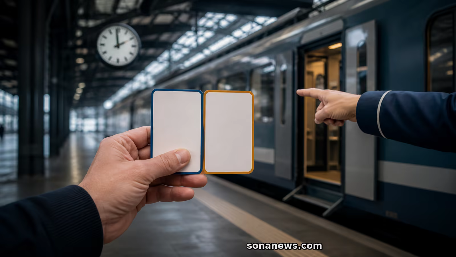 Hand hält zwei getrennte Zugtickets am internationalen Bahnsteig, während Bahnhofspersonal zum nächsten Anschlusszug weist.