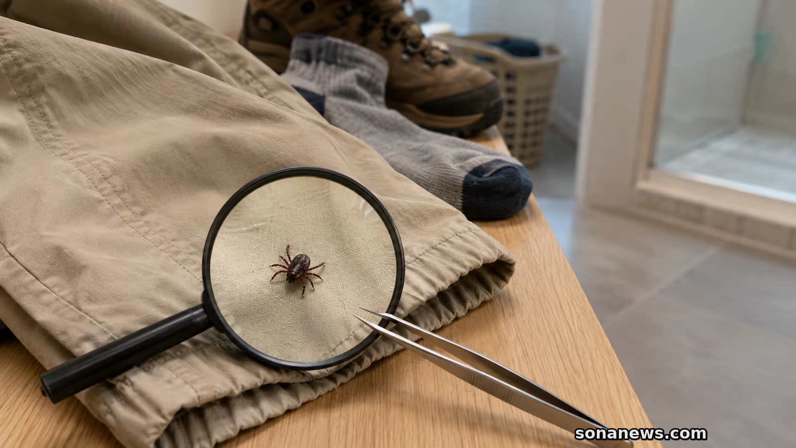 확대경 아래 등산복 바지단의 작은 진드기와 옆에 놓인 끝이 가는 핀셋, 세탁 바구니와 샤워실.