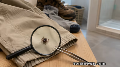 확대경 아래 등산복 바지단의 작은 진드기와 옆에 놓인 끝이 가는 핀셋, 세탁 바구니와 샤워실.