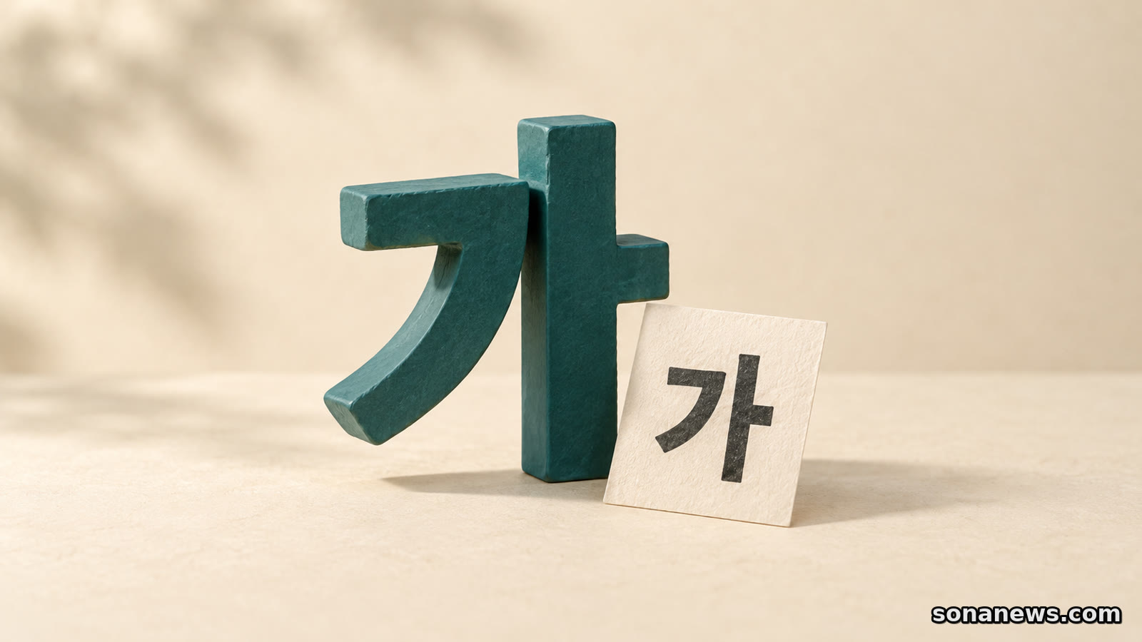 아이보리 종이 위에 인쇄된 한글 가 옆으로 같은 모양의 청록색 입체 글자가 서 있는 글꼴 개념 일러스트