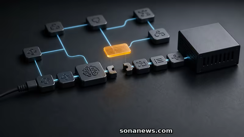 AI 워크플로의 끊어진 연결 위에 주황색 업데이트 조각이 놓이고 옆에 서버가 있는 편집용 모형